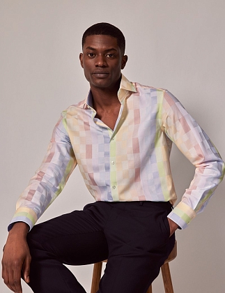 4Картинка Мужская рубашка Hawes & Curtis Brandon Blue & Yellow Multi Check Slim Shirt-High Collar