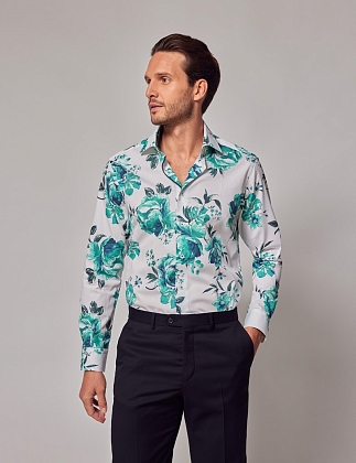 1Картинка Мужская рубашка Hawes & Curtis Piccadilly White & Green Floral Diamond Weave Shirt