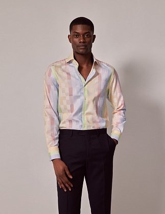 3Картинка Мужская рубашка Hawes & Curtis Brandon Blue & Yellow Multi Check Slim Shirt-High Collar